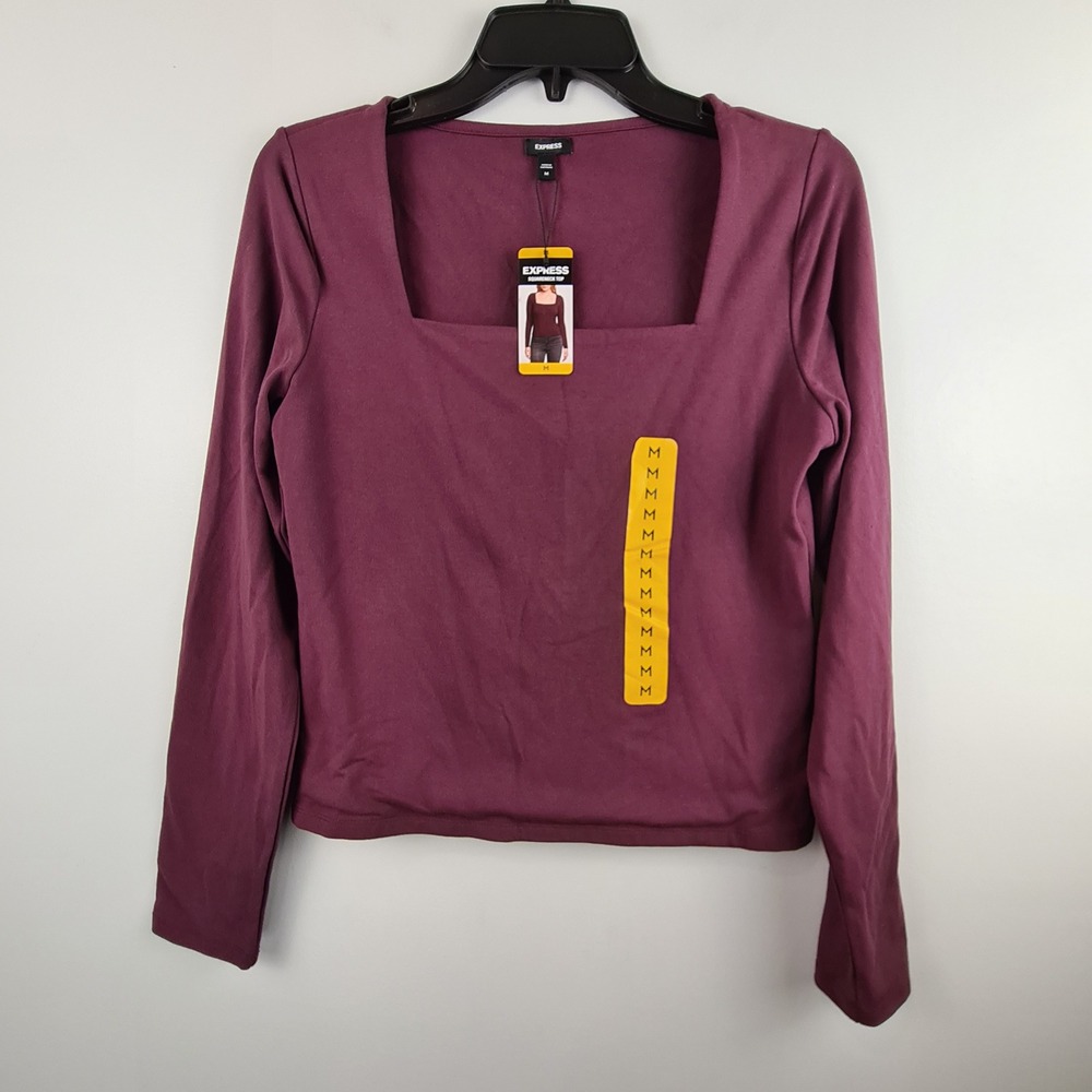 Express Womens Squareneck Long Sleeve Top Maroon Burgundy Cotton Modal Stretch M